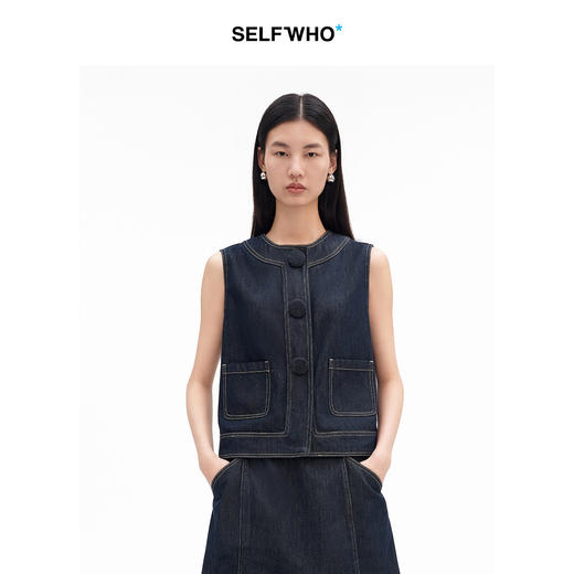 SELFWHO棉天丝混纺复古原牛风牛仔马甲背心女2026夏新款短款马夹 商品图0