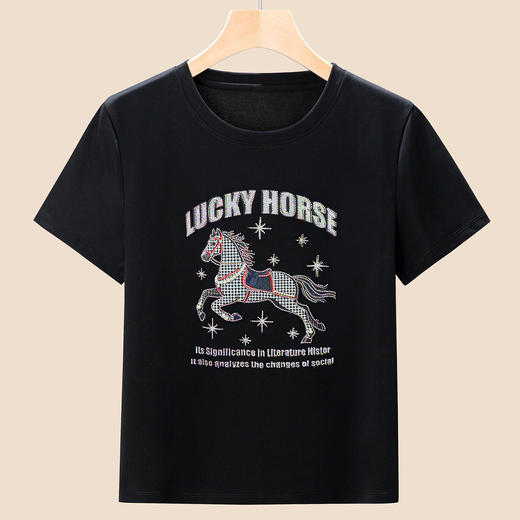 「自j」全新升级【铂金会员128/天猫169/差价41】(74822)洛诗琳新款美式复古印花烫钻T恤2026夏季圆领丝光棉短袖上衣 商品图3