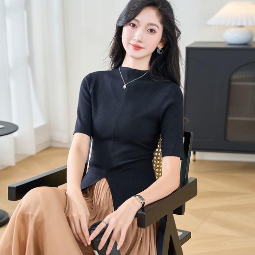 米思阳2024夏季新款设计感纯色通勤短袖毛衣简约风气质上衣1146/1076 商品图0