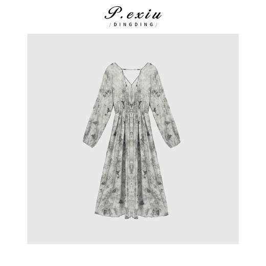03-5潘依绣丁丁宠粉PanYiXiu/潘依绣【微风海棠】唯美国风水墨晕染天丝V领连衣裙21066T 商品图2