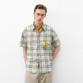 714street夏季新款日系休闲高级感凹凸微皱肌理格子短袖衬衫男款