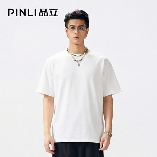 PINLI品立2026夏季新款青年百搭纯色圆领落肩袖短袖T恤上衣潮牌男GD262111055 商品图3