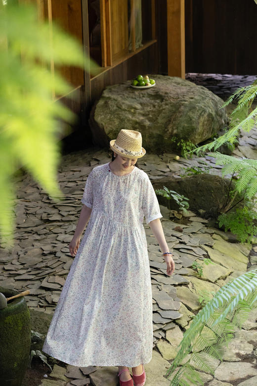 牧衣游原创 80支印花纯棉连衣裙女新款宽松质朴文艺碎花长裙 青湲 商品图5