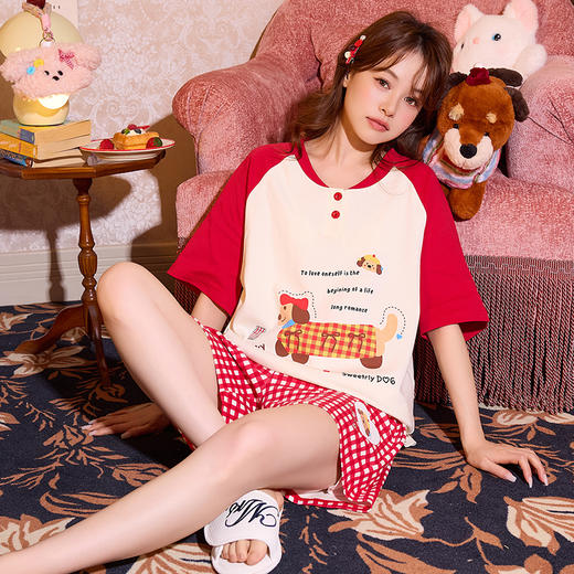 夏日乐园 精致居家【梦惠妮 治愈系纯棉家居服套装】（背心/短袖自选）纯棉家居服 轻薄透气 拒绝黏腻 裸感深睡 治愈系萌宠印花 蕾丝/拼色细节 减龄显白 质感拉满 #M663 商品图13
