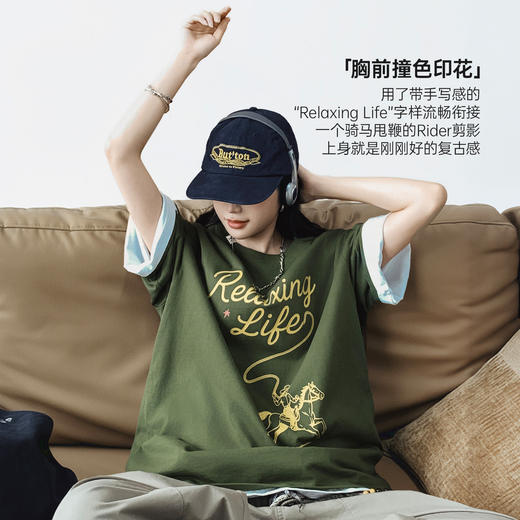 马登美式复古墨绿色圆领纯棉宽松版落肩袖印花短袖T恤上衣女士夏 商品图1