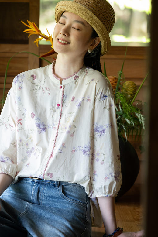 牧衣游原创 80支印花纯棉衬衫女新款质朴素雅文艺百搭衬衣 云柠 商品图5