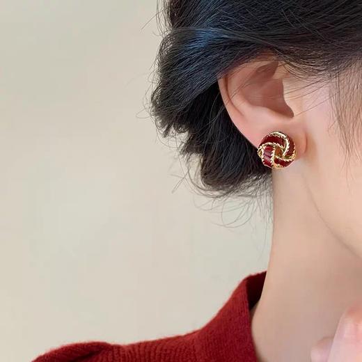 Oflye潮流饰品  法式复古酒红色同心结银针耳钉女秋冬新款小众轻奢耳环耳饰 商品图1