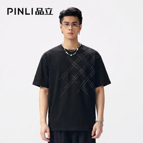 PINLI品立2026夏季新款男士几何图形烫钻圆领落肩短袖T恤上衣潮牌BG262111505