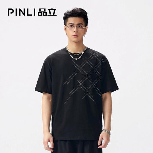 PINLI品立2026夏季新款男士几何图形烫钻圆领落肩短袖T恤上衣潮牌BG262111505 商品图0