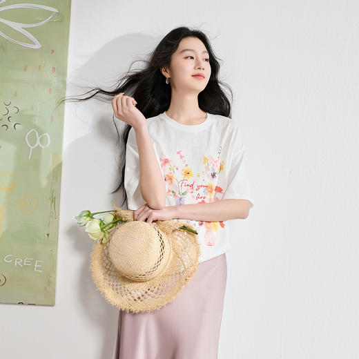 三彩2026夏季新款圆领印花T恤落肩袖宽松上衣套头休闲S 商品图2