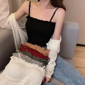 【自带胸垫！内搭外穿】韩版褶皱一字领吊带背心带胸垫短款美背裹胸外穿打底内搭抹胸内衣。xa