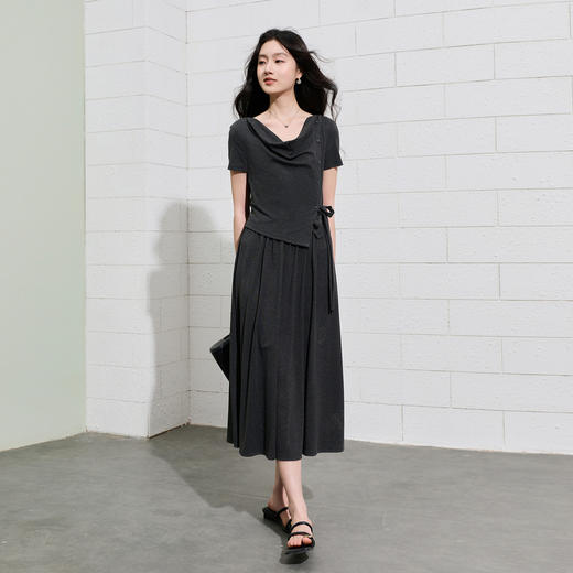 三彩2026夏季新款假两件连衣裙收腰A字裙荡领长裙S 商品图2