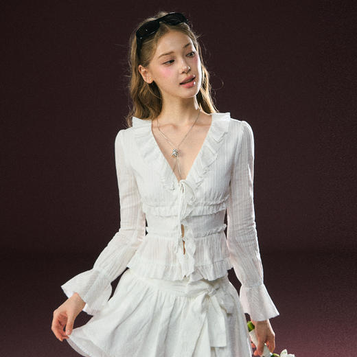 Ariseism 美式复古设计感白色花边长袖T恤女春季新款上衣 商品图0