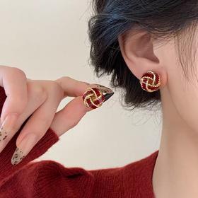 Oflye潮流饰品  法式复古酒红色同心结银针耳钉女秋冬新款小众轻奢耳环耳饰