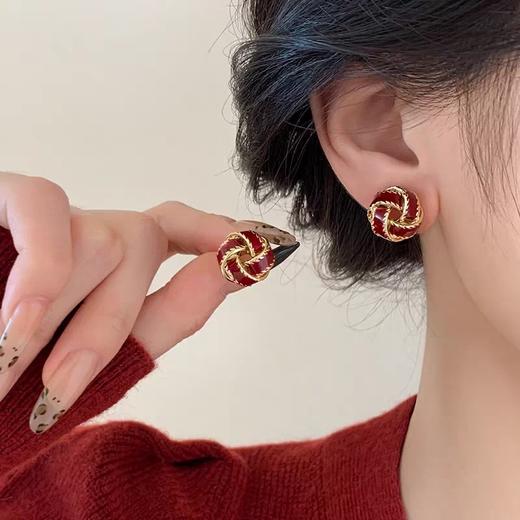 Oflye潮流饰品  法式复古酒红色同心结银针耳钉女秋冬新款小众轻奢耳环耳饰 商品图0