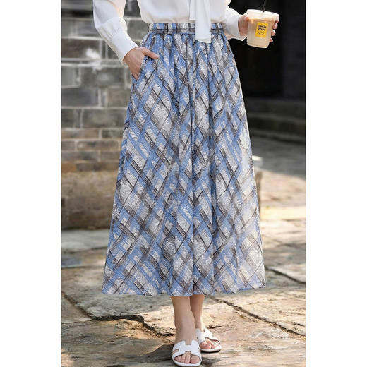 米思阳2026春季复古优雅高腰格纹半身裙显瘦减龄中长款半裙女4044 商品图2