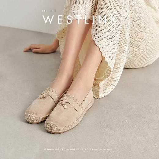 西遇草编渔夫鞋女2026早春季新款平底浅口一脚蹬软底休闲漂亮单鞋V0066329 商品图0