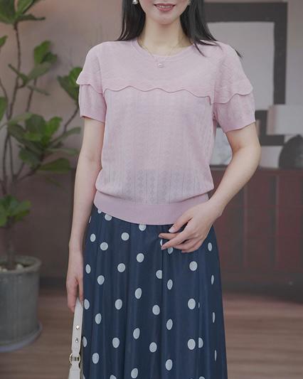司歌圆领短袖收腰针织衫夏女荷叶边百搭上衣G93G3706 商品图0