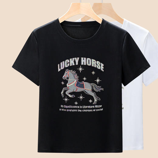 「自j」全新升级【铂金会员128/天猫169/差价41】(74822)洛诗琳新款美式复古印花烫钻T恤2026夏季圆领丝光棉短袖上衣 商品图2