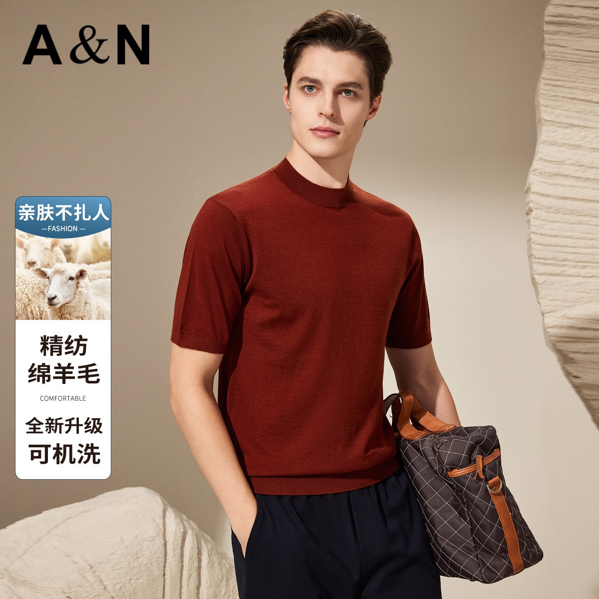 安东尼奥A&N 【精纺绵羊毛 多色可选】亲肤不扎短袖T恤男简约百搭半袖打底衫6237740