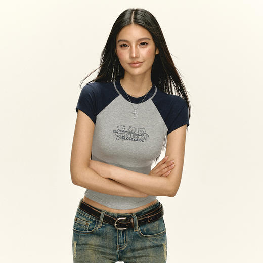 Ariseism 美式复古撞色插肩袖短袖T恤女夏季新款上衣 商品图2