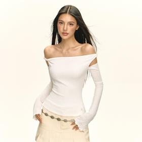 Ariseism 白色绑带一字肩上衣长袖T恤女春季新款修身上衣