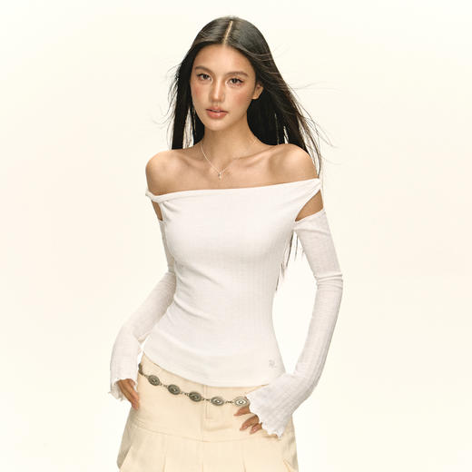 Ariseism 白色绑带一字肩上衣长袖T恤女春季新款修身上衣 商品图0