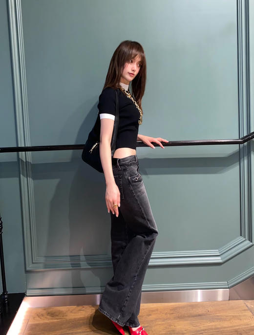 古驰 黑色马鞍扣直筒牛仔裤 商品图1