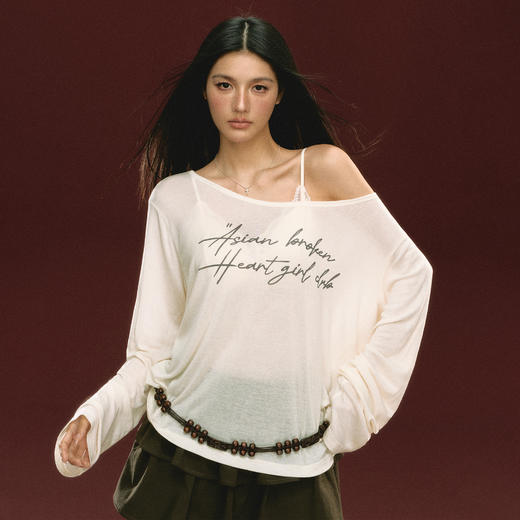 Ariseism 复古斜肩印花微透宽松长袖t恤女春季新款修身上衣 商品图0