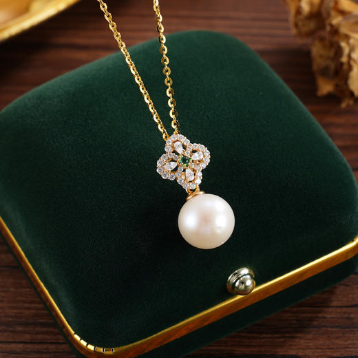 子佩集【四叶情深】银S925珍珠惜王妃套链【P2905】10.7mm珠镀金绿点四叶草2601 商品图0