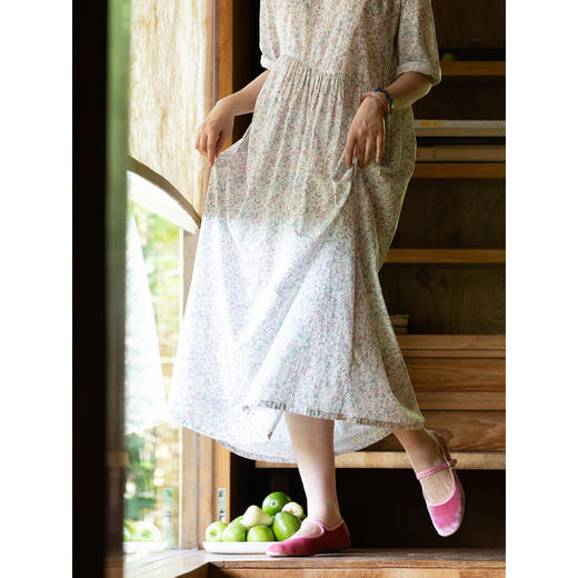 牧衣游原创 80支印花纯棉连衣裙女新款宽松质朴文艺碎花长裙 青湲 商品图1