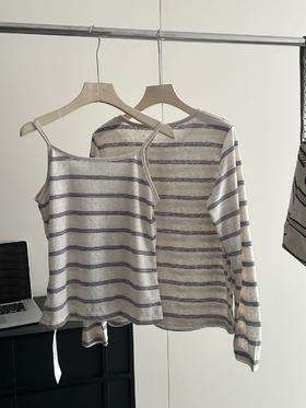 夏日航海系列 松弛条纹针织防晒薄款开衫+吊带背心两件套