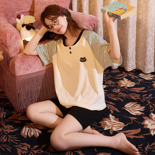 夏日乐园 精致居家【梦惠妮 治愈系纯棉家居服套装】（背心/短袖自选）纯棉家居服 轻薄透气 拒绝黏腻 裸感深睡 治愈系萌宠印花 蕾丝/拼色细节 减龄显白 质感拉满 #M663 商品图3
