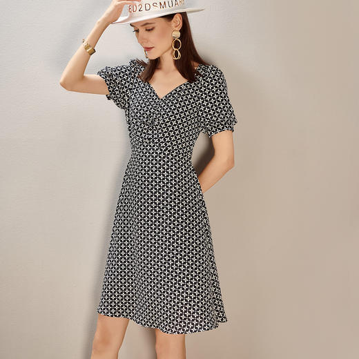 米思阳雪纺四叶花印花新款灯笼袖V领四叶花薄款连衣裙8D21BL1034 商品图0