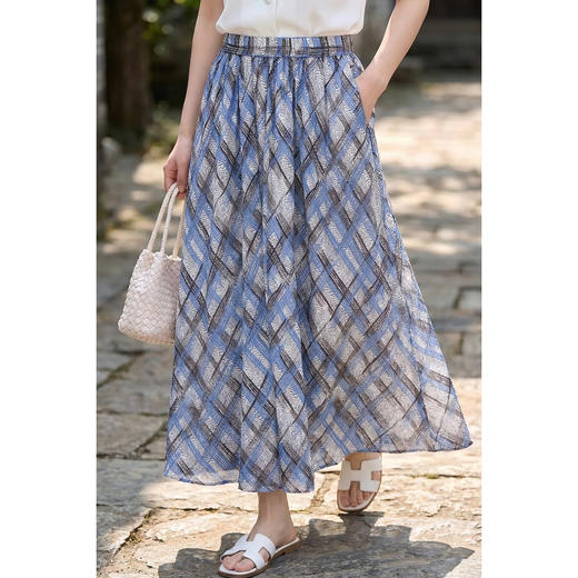 米思阳2026春季复古优雅高腰格纹半身裙显瘦减龄中长款半裙女4044 商品图1