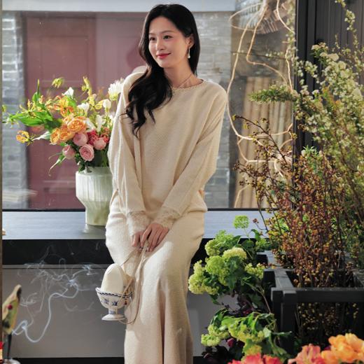 栀棠 花织软呢 金蕊饰边羽毛蕾丝袖口鱼尾裙摆优雅轻礼服茶服套装 商品图2