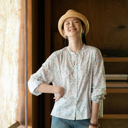 牧衣游原创 80支印花纯棉衬衫女新款柔软亲肤文艺碎花上衣 彩云间 商品图0