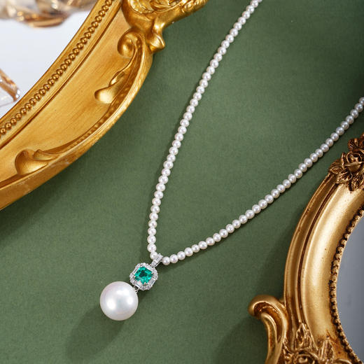 子佩集【澄心静守】银S925珍珠惜王妃项链【ZZXL039】2.8mm小珠12mm大珠绿方块2601 商品图0