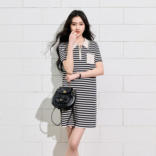 三彩2026夏季新款条纹连衣裙短袖直筒裙短裙休闲简约S 商品图2