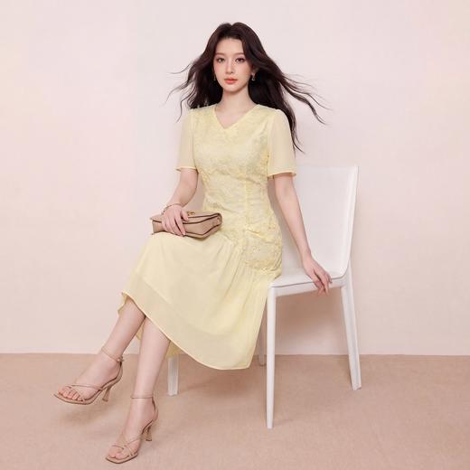 奢姿大码女装2026新款夏款黄色蕾丝花朵镂空气质时尚V领连衣裙9962872086 商品图3