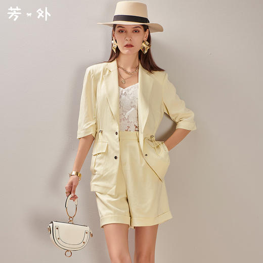 【松紧带收腰设计】2026新款夏季五分袖西服瘦腿短裤女式套装0738 商品图0