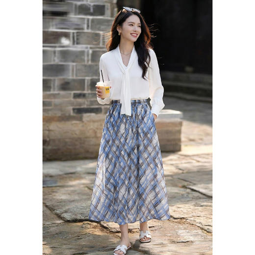 米思阳2026春季复古优雅高腰格纹半身裙显瘦减龄中长款半裙女4044 商品图4