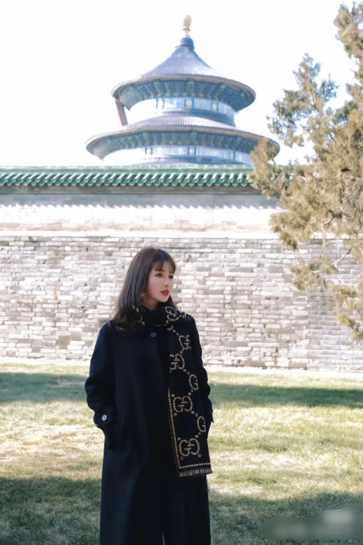 GUCCI 双G 黑金 蓝色 羊毛 围巾 商品图3