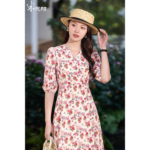 【桑蚕丝印花裙】2026春季新款时尚减龄泡泡袖A字连衣裙 商品图0