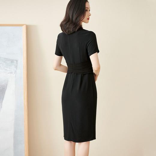 米思阳2024秋季新款知性优雅醋酸连衣裙收腰显瘦黑色开叉裙子1336 商品图3