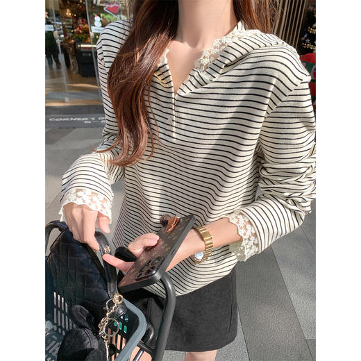 <曾小咸推荐>3.30现货秒杀 ！微信超特价！长袖蕾丝拼接条纹针织衫 日常159.99 立减80 秒杀79.99！！ 商品图2