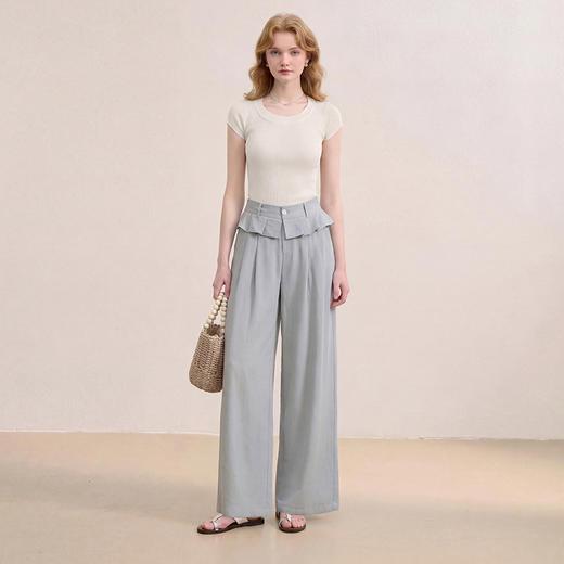 西遇花边松弛感2026年春新款设计感百褶腰头屁帘裤休闲女阔腿长裤H0060210 商品图4