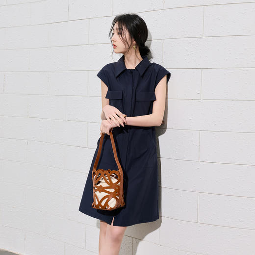 三彩2026夏季新款休闲连衣裙翻领口袋直筒裙中裙通勤S 商品图3