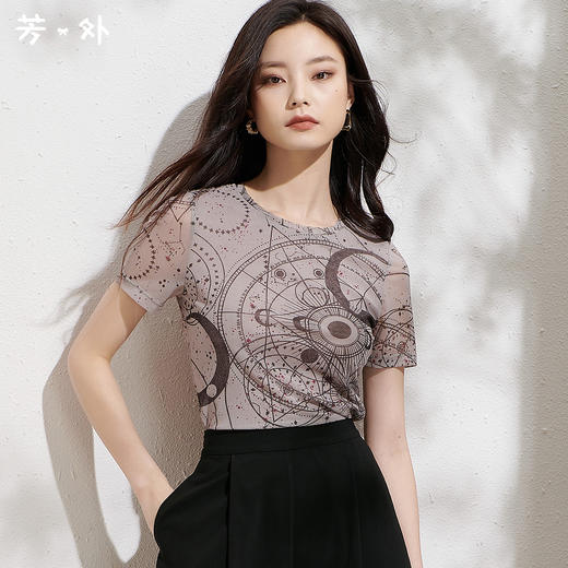 夏季显瘦新款时尚印花修身圆领上衣气质百搭短袖薄T恤8D22BT0889 商品图0