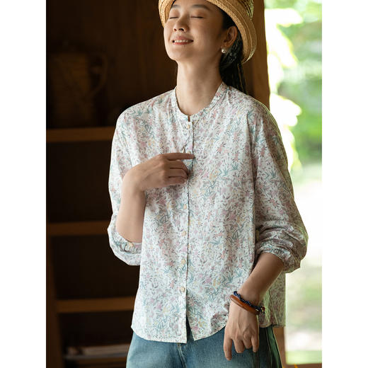 牧衣游原创 80支印花纯棉衬衫女新款柔软亲肤文艺碎花上衣 彩云间 商品图3